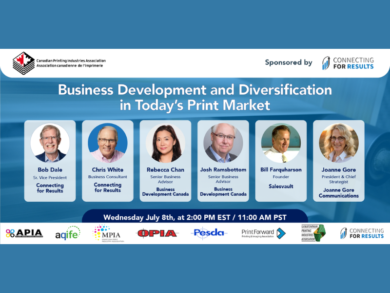 Webinar banner titled 'Business Development and Diversification in Today's Print Market' with six panelists and sponsor logos across the bottom.