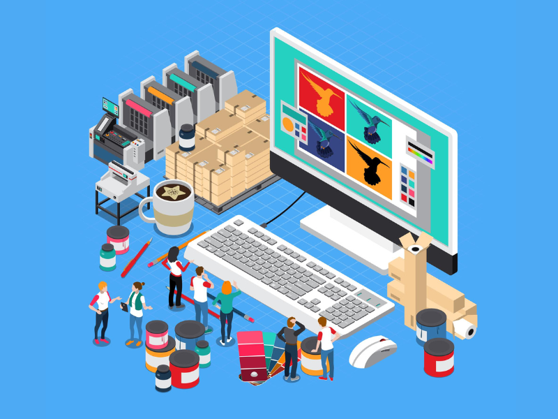 Print workflow illustration showing digital design, press output, and packaging tied together by shared information flow.