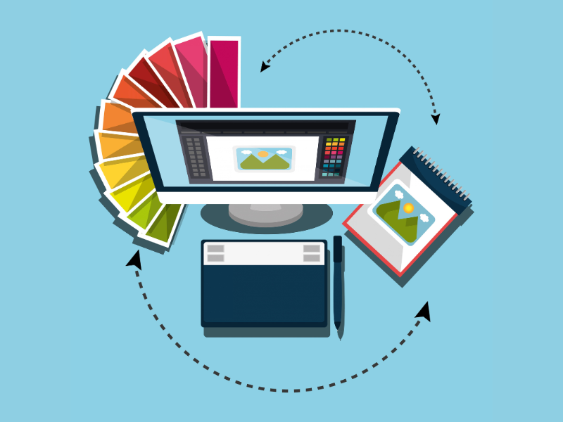 Illustration of a print workflow with monitor, colour swatches, tablet, and notepad, supporting AI production workflows.